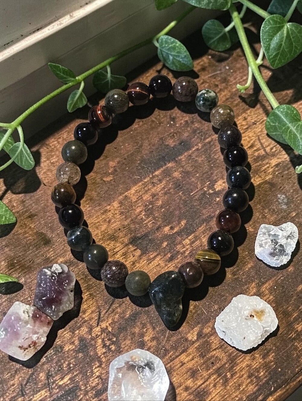 Earth Tone Grounding Handmade Green and Brown Beaded Heart Pendant Bracelet